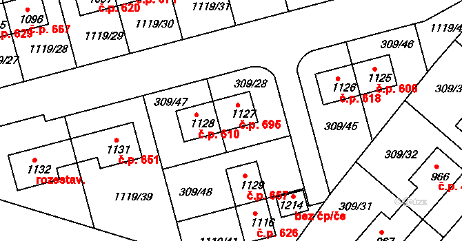 Nučice 695 na parcele st. 1127 v KÚ Nučice u Rudné, Katastrální mapa