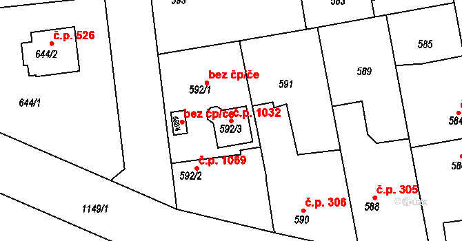 Libuš 1032, Praha na parcele st. 592/3 v KÚ Libuš, Katastrální mapa