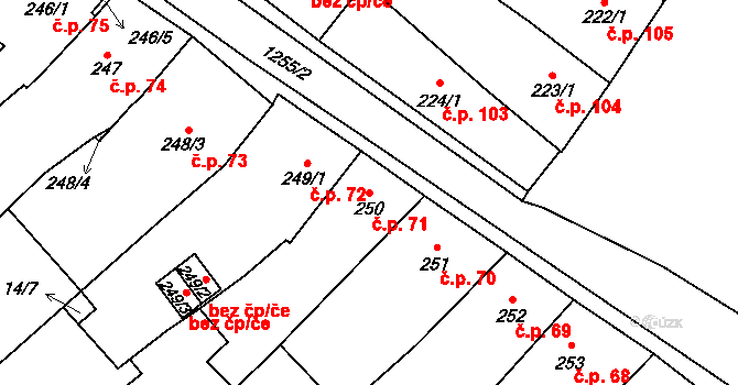 Přeštice 71 na parcele st. 250 v KÚ Přeštice, Katastrální mapa