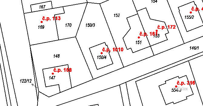 Šeberov 1010, Praha na parcele st. 150/4 v KÚ Šeberov, Katastrální mapa