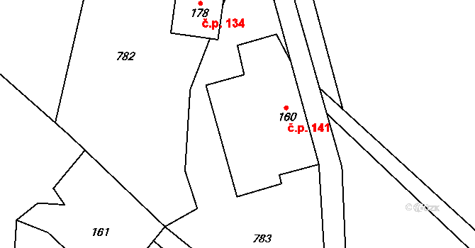 Oudoleň 141 na parcele st. 160 v KÚ Oudoleň, Katastrální mapa
