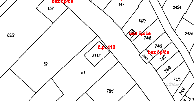 Popice 412 na parcele st. 3118 v KÚ Popice, Katastrální mapa