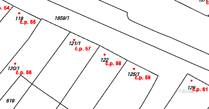 Šakvice 58 na parcele st. 122 v KÚ Šakvice, Katastrální mapa