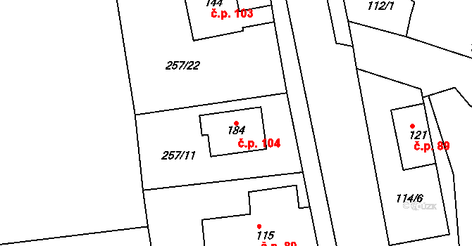 Chvalovice 104, Kovanice na parcele st. 184 v KÚ Chvalovice u Nymburka, Katastrální mapa