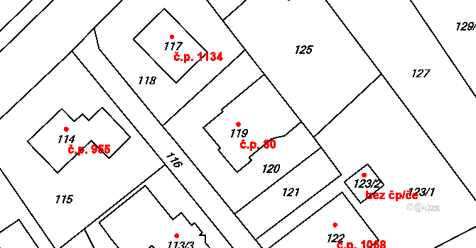 Bystřice 80 na parcele st. 119 v KÚ Bystřice nad Olší, Katastrální mapa