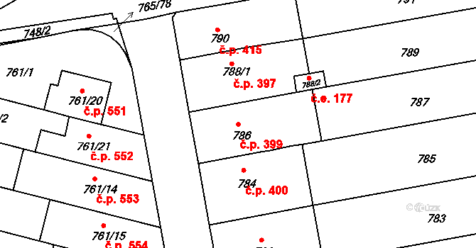 Hrušovany u Brna 399 na parcele st. 786 v KÚ Hrušovany u Brna, Katastrální mapa