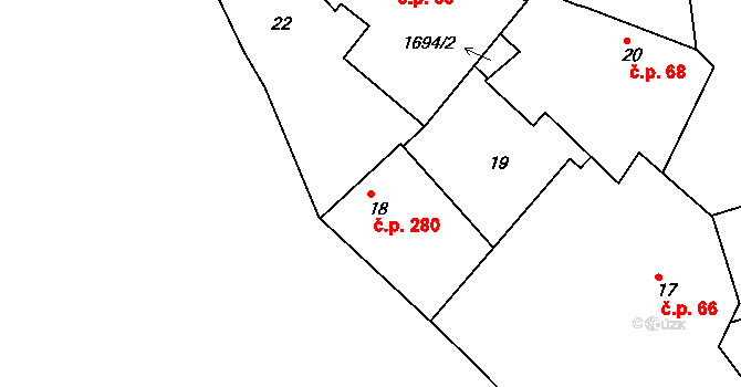 Jirny 280 na parcele st. 18 v KÚ Jirny, Katastrální mapa
