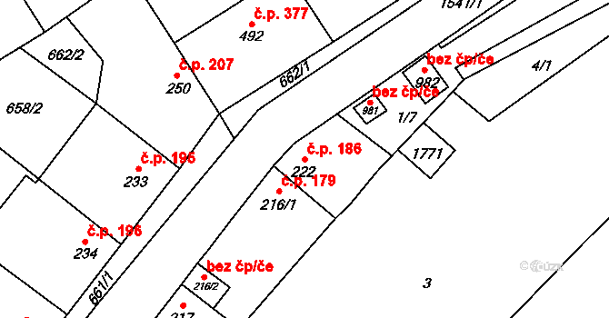 Brozany nad Ohří 186 na parcele st. 222 v KÚ Brozany nad Ohří, Katastrální mapa