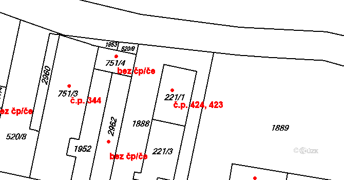 Litovel 423,424 na parcele st. 221/1 v KÚ Litovel, Katastrální mapa