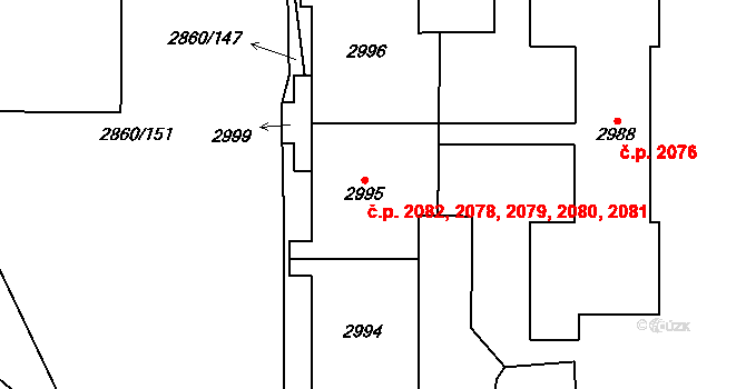 Stodůlky 2078,2079,2080,2081,, Praha na parcele st. 2995 v KÚ Stodůlky, Katastrální mapa