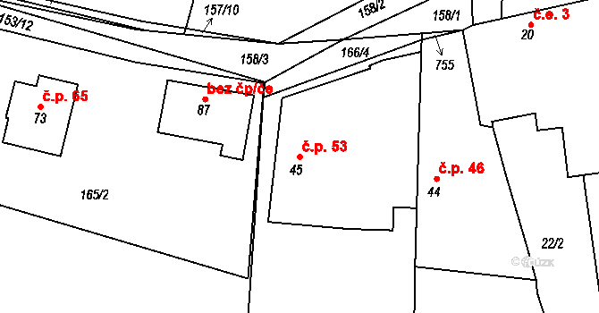 Káciň 53, Dolní Hbity na parcele st. 45 v KÚ Káciň, Katastrální mapa