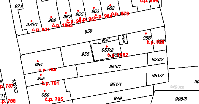 Šlapanice 1652 na parcele st. 957/2 v KÚ Šlapanice u Brna, Katastrální mapa