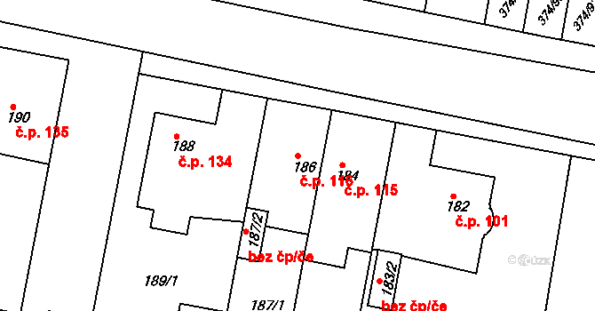 Radobyčice 116, Plzeň na parcele st. 186 v KÚ Radobyčice, Katastrální mapa