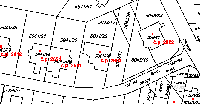 Líšeň 2603, Brno na parcele st. 5041/64 v KÚ Líšeň, Katastrální mapa