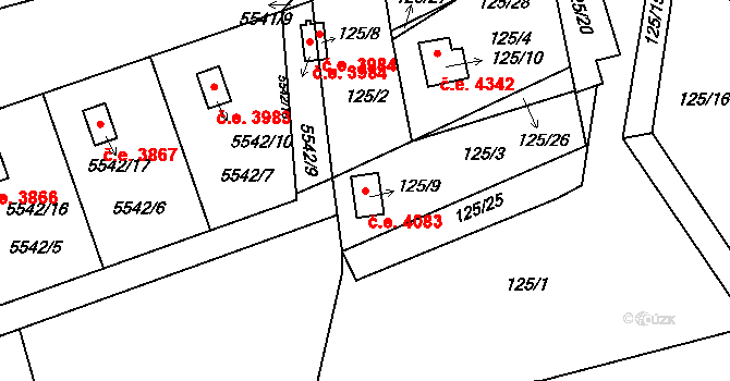 Sasov 4083, Jihlava na parcele st. 125/9 v KÚ Sasov, Katastrální mapa