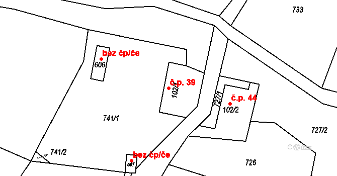 Halouny 39, Svinaře na parcele st. 102/1 v KÚ Svinaře, Katastrální mapa