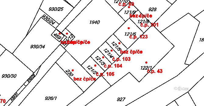 Provodov 103 na parcele st. 121/4 v KÚ Provodov na Moravě, Katastrální mapa