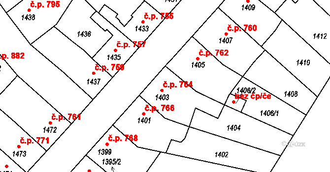 Třešť 764 na parcele st. 1403 v KÚ Třešť, Katastrální mapa