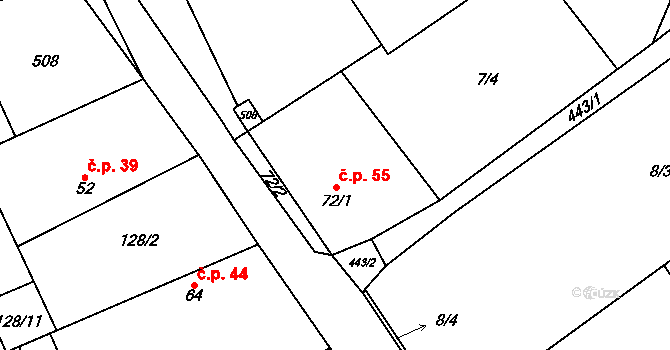 Křivenice 55, Horní Počaply na parcele st. 72/1 v KÚ Křivenice, Katastrální mapa