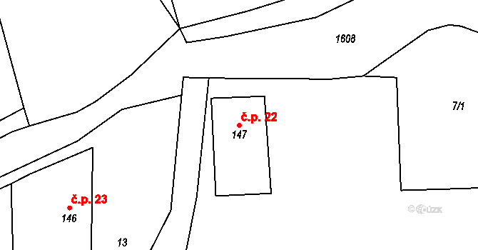 Mutěnín 22 na parcele st. 147 v KÚ Mutěnín, Katastrální mapa