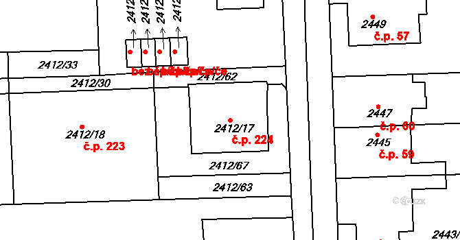 Cihelny 224, Jaroměř na parcele st. 2412/17 v KÚ Jaroměř, Katastrální mapa