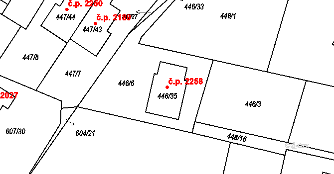 Bolevec 2258, Plzeň na parcele st. 446/35 v KÚ Bolevec, Katastrální mapa