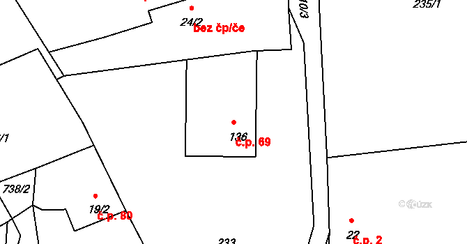 Hněvkov 69, Zábřeh na parcele st. 136 v KÚ Hněvkov, Katastrální mapa