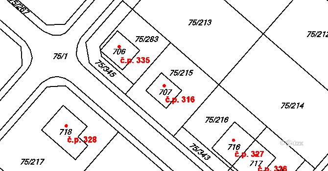 Obříství 316 na parcele st. 707 v KÚ Obříství, Katastrální mapa