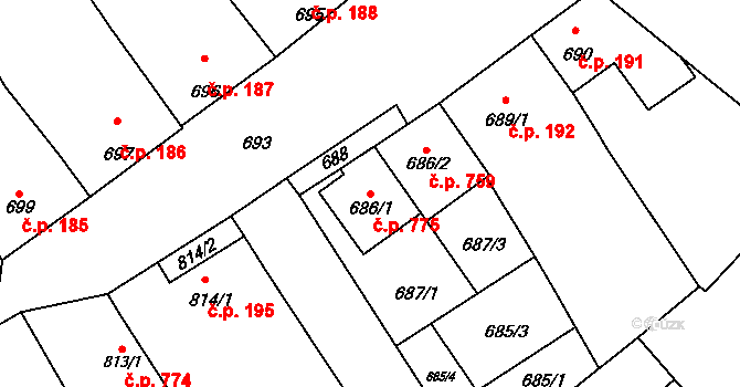 Vacenovice 775 na parcele st. 686/1 v KÚ Vacenovice u Kyjova, Katastrální mapa