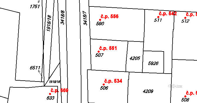 Hrušovany nad Jevišovkou 551 na parcele st. 507 v KÚ Hrušovany nad Jevišovkou, Katastrální mapa