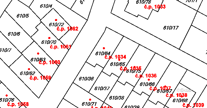 Sadská 1034 na parcele st. 610/64 v KÚ Sadská, Katastrální mapa