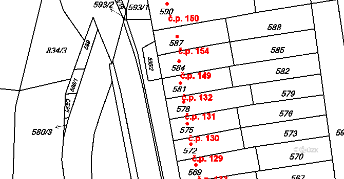 Kobylnice 132 na parcele st. 581 v KÚ Kobylnice u Brna, Katastrální mapa