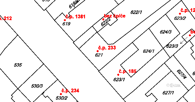 Ratíškovice 233 na parcele st. 621 v KÚ Ratíškovice, Katastrální mapa
