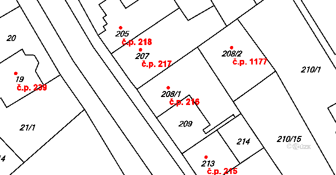 Rousínov 216 na parcele st. 208/1 v KÚ Rousínov u Vyškova, Katastrální mapa