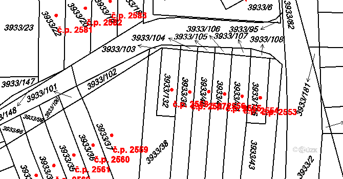 Roudnice nad Labem 2558 na parcele st. 3933/132 v KÚ Roudnice nad Labem, Katastrální mapa