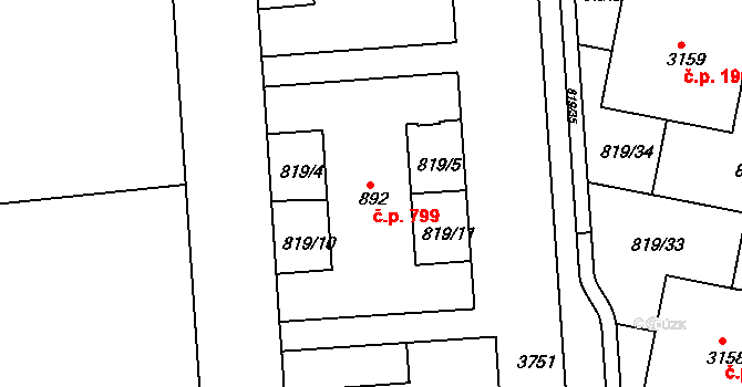 Lysá nad Labem 799 na parcele st. 892 v KÚ Lysá nad Labem, Katastrální mapa