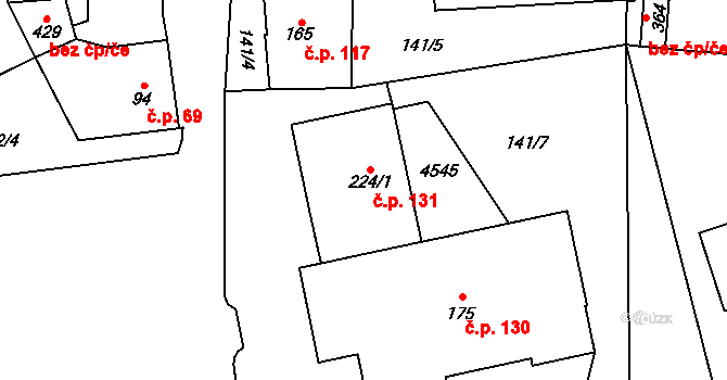Malenice 131 na parcele st. 224/1 v KÚ Malenice, Katastrální mapa
