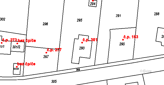 Jablůnka 381 na parcele st. 293 v KÚ Jablůnka, Katastrální mapa