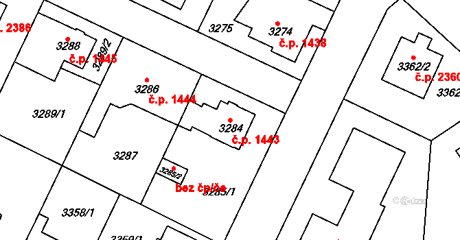 Horní Počernice 1443, Praha na parcele st. 3284 v KÚ Horní Počernice, Katastrální mapa