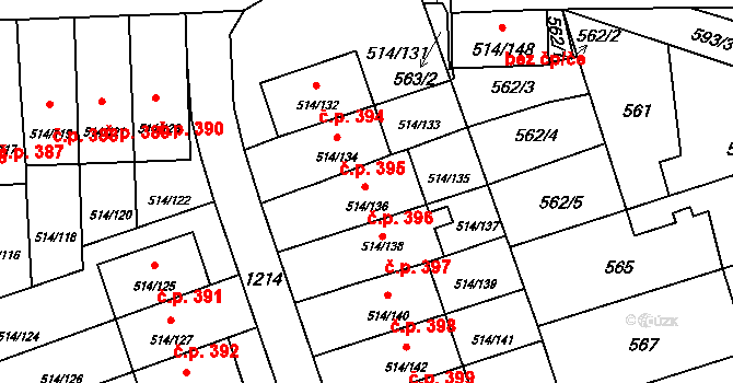 Háje 396, Praha na parcele st. 514/136 v KÚ Háje, Katastrální mapa