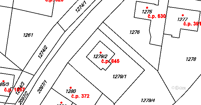 Kbely 845, Praha na parcele st. 1279/2 v KÚ Kbely, Katastrální mapa