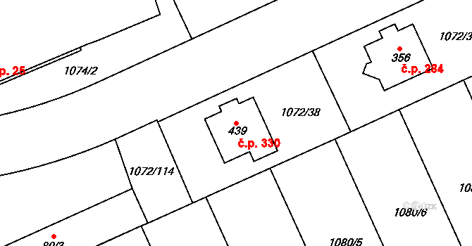 Věkoše 330, Hradec Králové na parcele st. 439 v KÚ Věkoše, Katastrální mapa