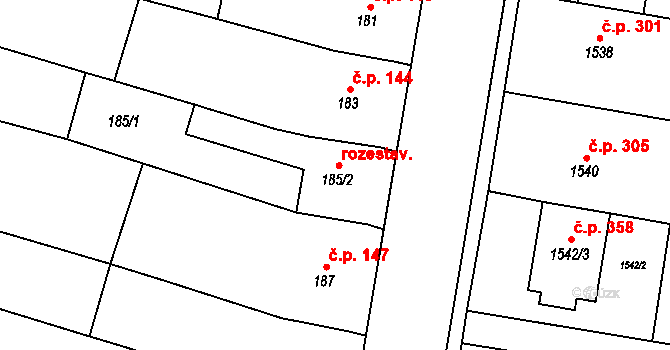 Kovalovice 143 na parcele st. 185/2 v KÚ Kovalovice, Katastrální mapa