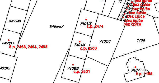 Jižní Předměstí 2474,2500,2501, Plzeň na parcele st. 7401/4 v KÚ Plzeň, Katastrální mapa