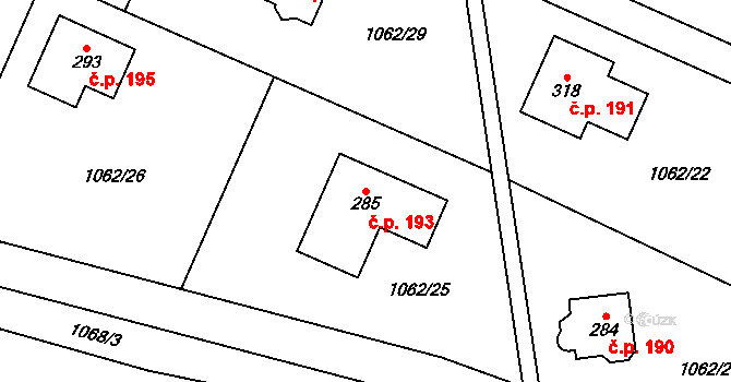 Dolní Kalná 193 na parcele st. 285 v KÚ Dolní Kalná, Katastrální mapa