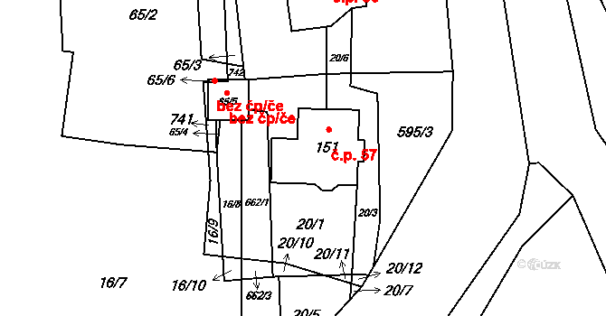 Kutrovice 57 na parcele st. 151 v KÚ Kutrovice, Katastrální mapa