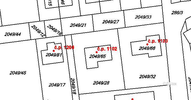 Třemošná 1102 na parcele st. 2049/65 v KÚ Třemošná, Katastrální mapa