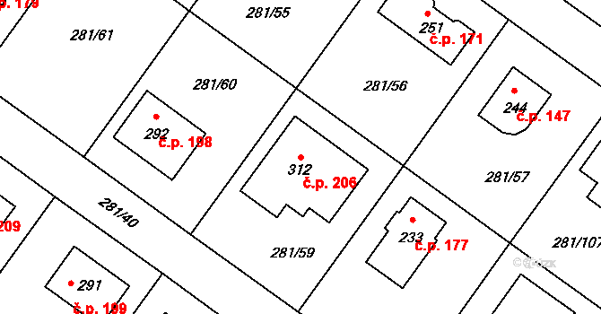 Dřevčice 206 na parcele st. 312 v KÚ Dřevčice u Brandýsa nad Labem, Katastrální mapa
