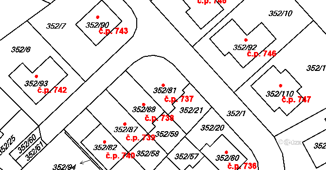 Hrušovany u Brna 737 na parcele st. 352/81 v KÚ Hrušovany u Brna, Katastrální mapa
