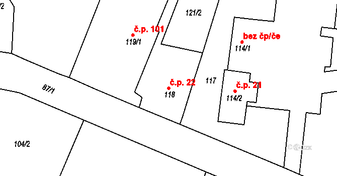 Slavětín nad Metují 22 na parcele st. 118 v KÚ Slavětín nad Metují, Katastrální mapa
